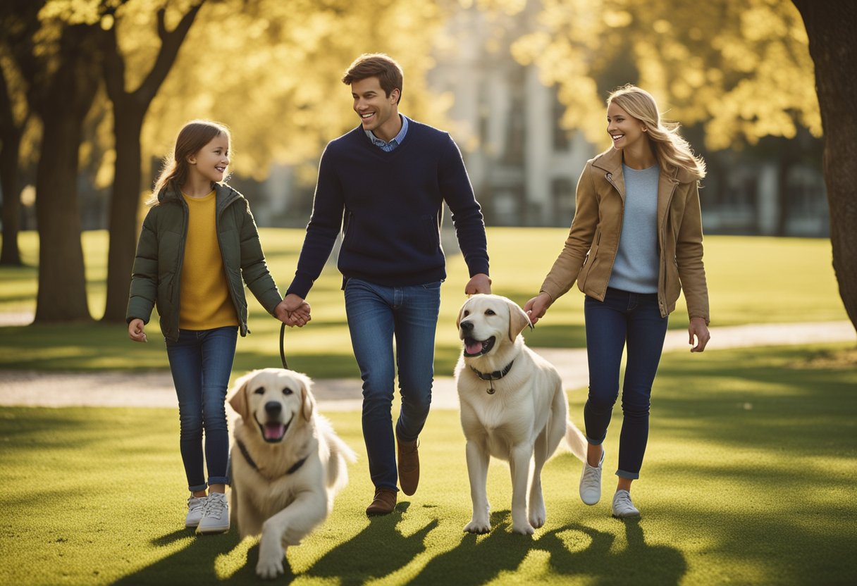 Una familia caminando por un parque soleado, rodeada de alegres labradores retriever. Los perros interactúan felizmente entre sí, mientras la familia observa su comportamiento.