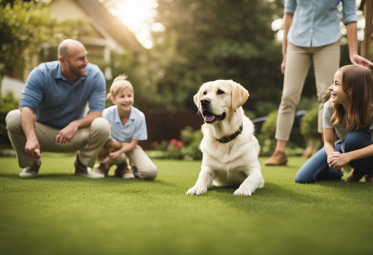 Una familia de labradores retriever juega en un patio trasero espacioso y bien cuidado mientras su criador atento los observa con cuidado.