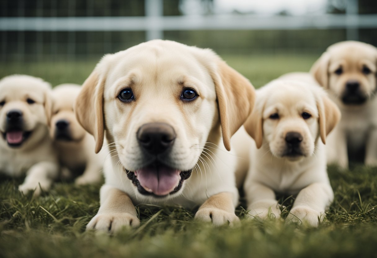 Un feliz labrador retriever jugando con sus cachorros en una instalación de cría espaciosa y limpia, rodeado de personal atento y conocedor.