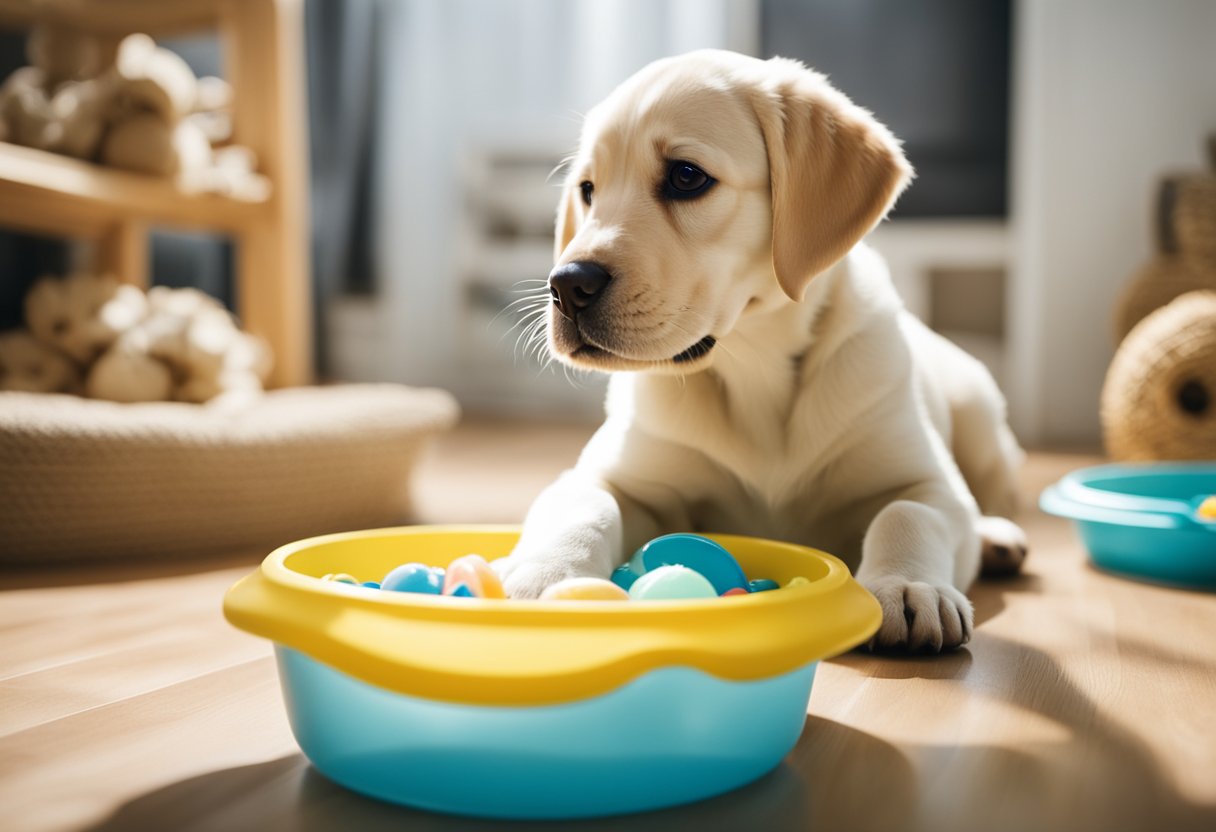 Un feliz cachorro de labrador retriever jugando en un ambiente espacioso, limpio y bien iluminado, rodeado de juguetes y cuencos de comida y agua saludable.