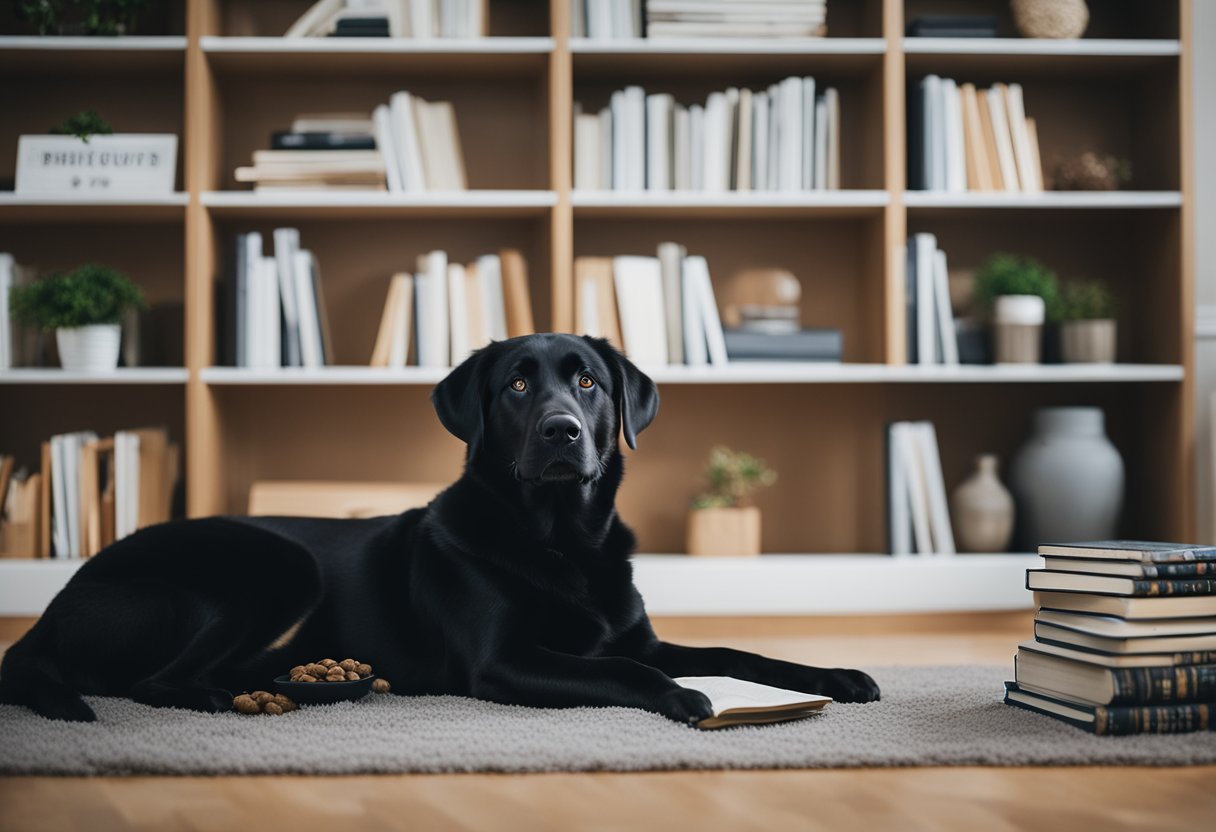 Una sala de estar acogedora con una cama de perro suave, un tazón de comida para cachorros y una pila de libros informativos sobre el cuidado de los labradores.