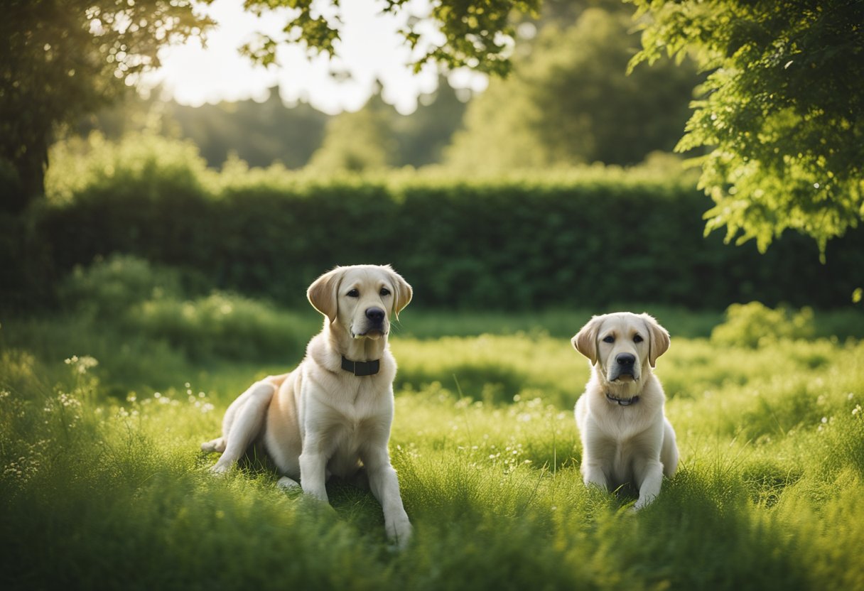 Un sereno entorno rural con el criadero de un Labrador Retriever en el fondo, rodeado de exuberante vegetación y un cielo azul claro.