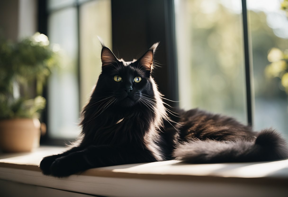 Un gato Maine Coon negro descansando en un alféizar de ventana iluminado por el sol