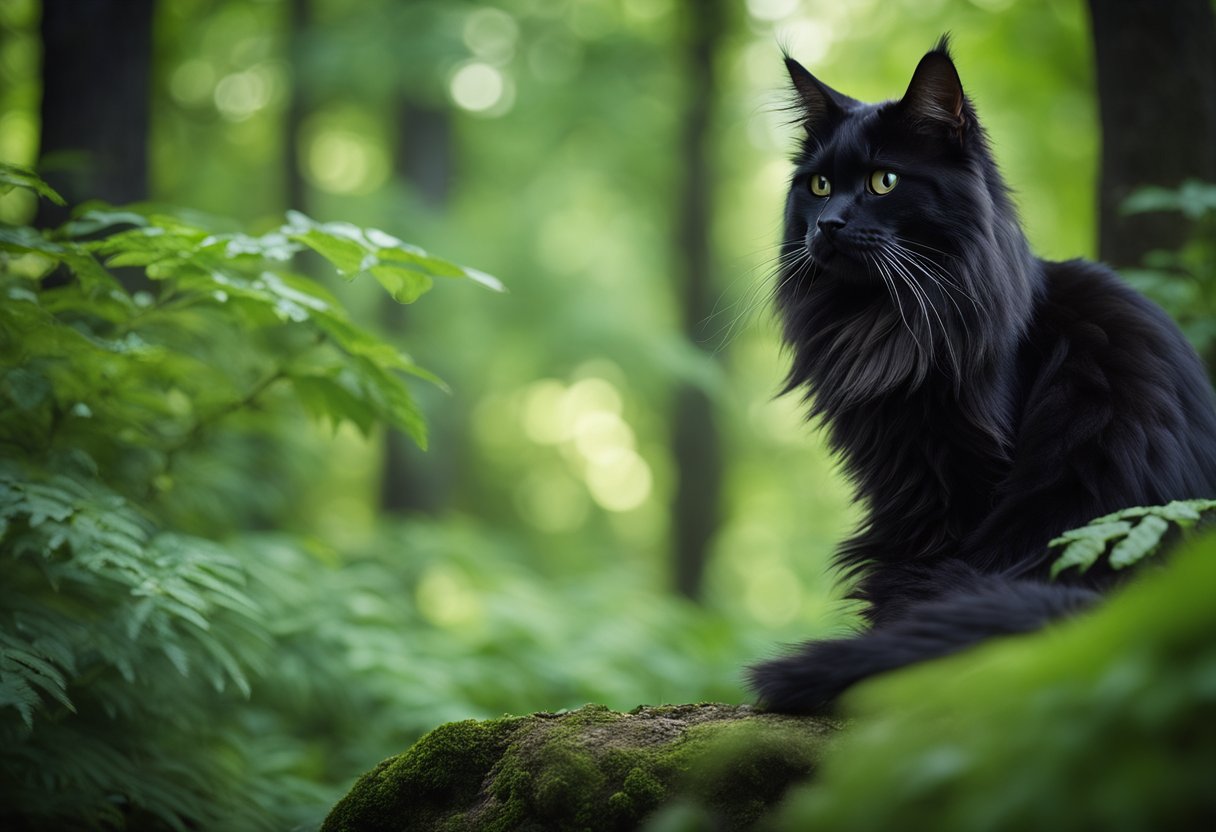 Un gato Maine Coon negro sentado en un frondoso bosque verde, con altos árboles y un arroyo que fluye en el fondo.