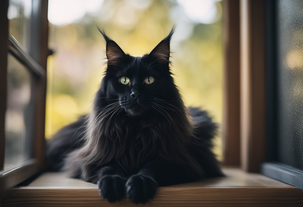 Un elegante gato Maine Coon negro con características físicas llamativas, como orejas con mechones y una cola espesa, se relaja en una ventana iluminada por el sol.