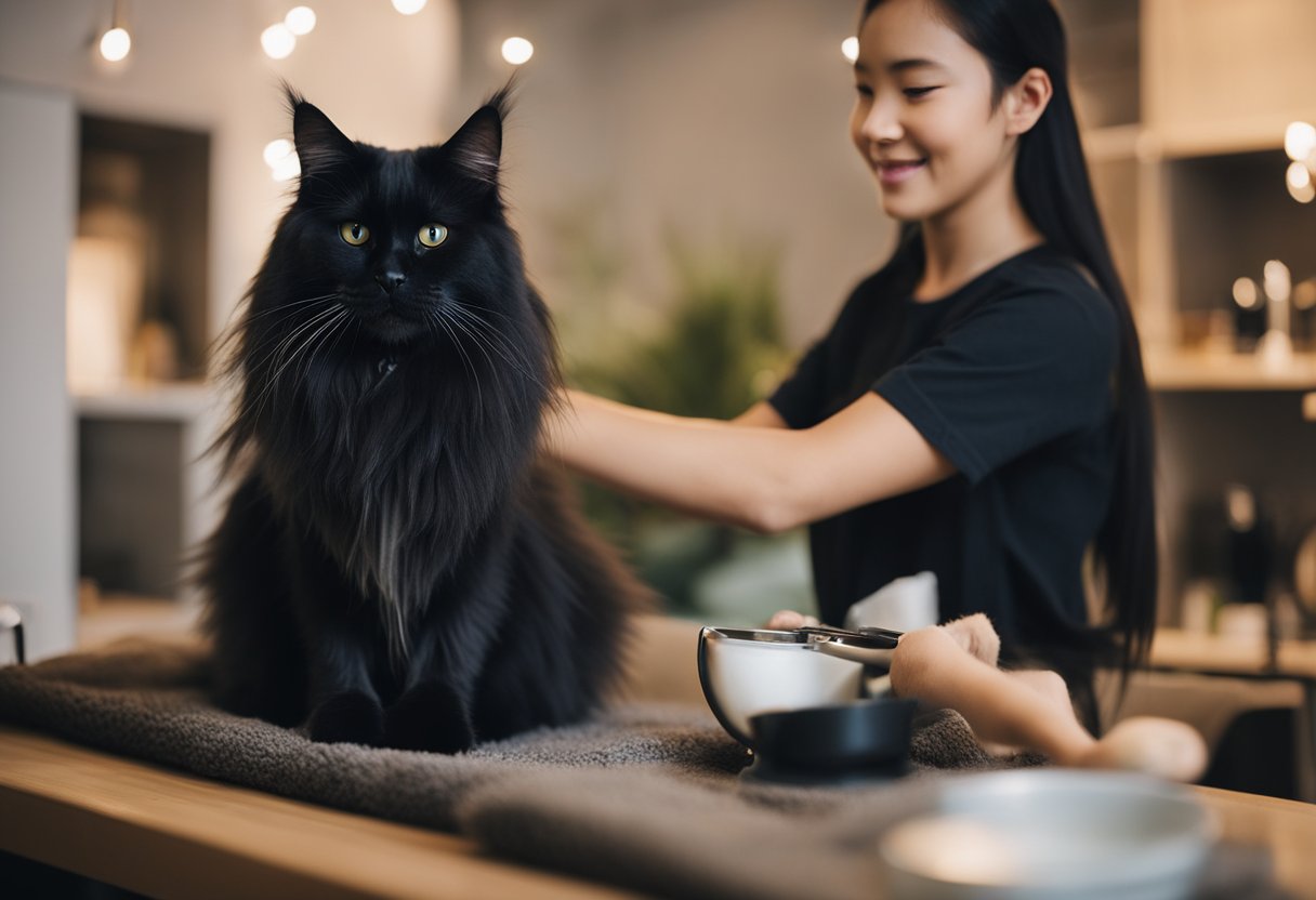 Un gato Maine Coon negro siendo acicalado y cuidado en un ambiente acogedor