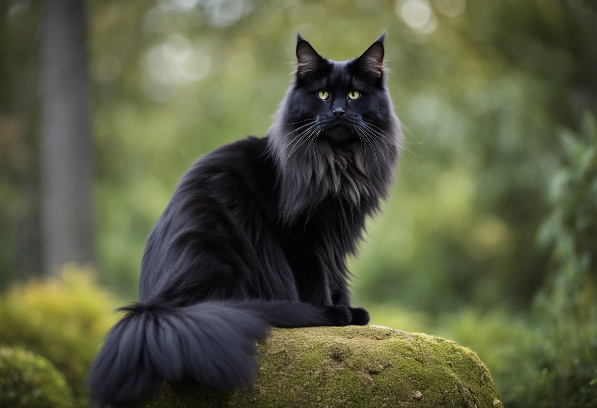 Un gato Maine Coon negro con un porte regio, sentado erguido con una expresión confiada.