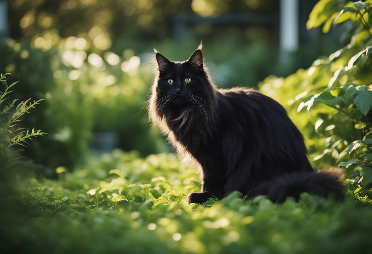 Un gato Maine Coon negro creciendo y desarrollándose en un exuberante jardín verde.