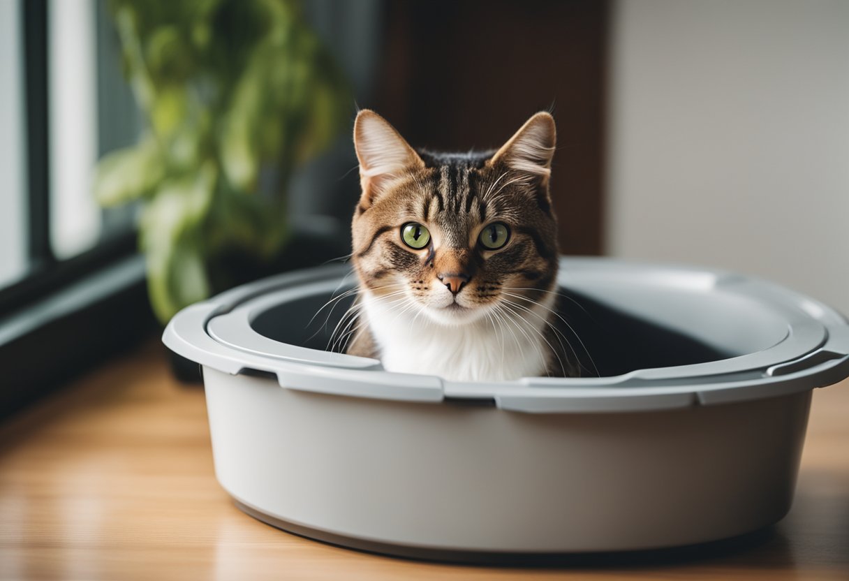 Um gato usando a caixa de areia com confiança e uma expressão satisfeita, cercado por um ambiente limpo e bem cuidado.