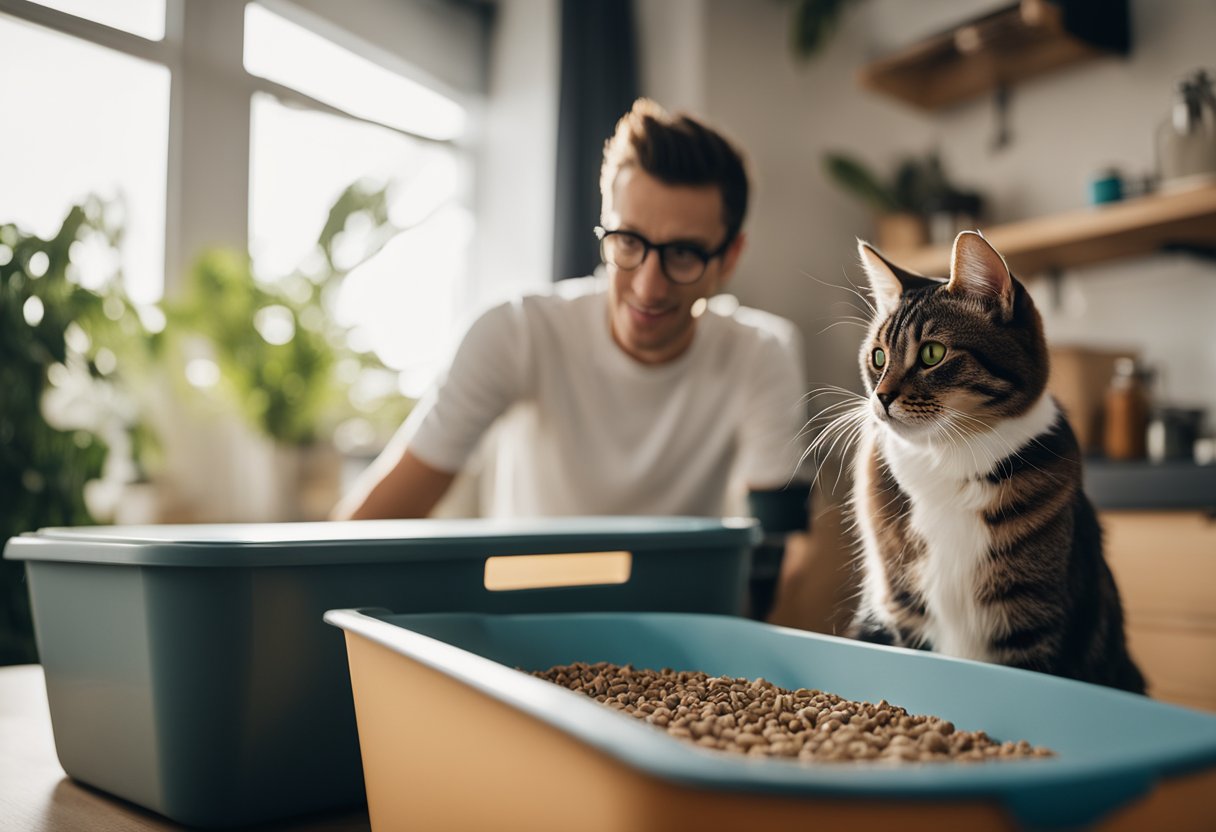 Um gato usando uma caixa de areia com confiança, enquanto um dono próximo observa orgulhosamente