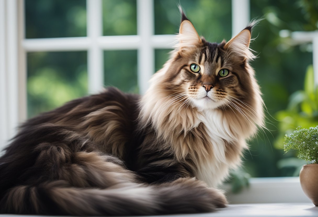 Un gato Maine Coon descansando en una ventana iluminada por el sol, con una cola esponjosa enrollada alrededor de sus patas