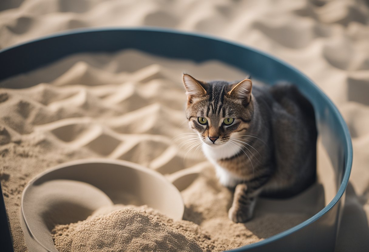 Um gato se aproxima de uma caixa de areia limpa com curiosidade, cheirando e mexendo na areia antes de usá-la com confiança pela primeira vez.