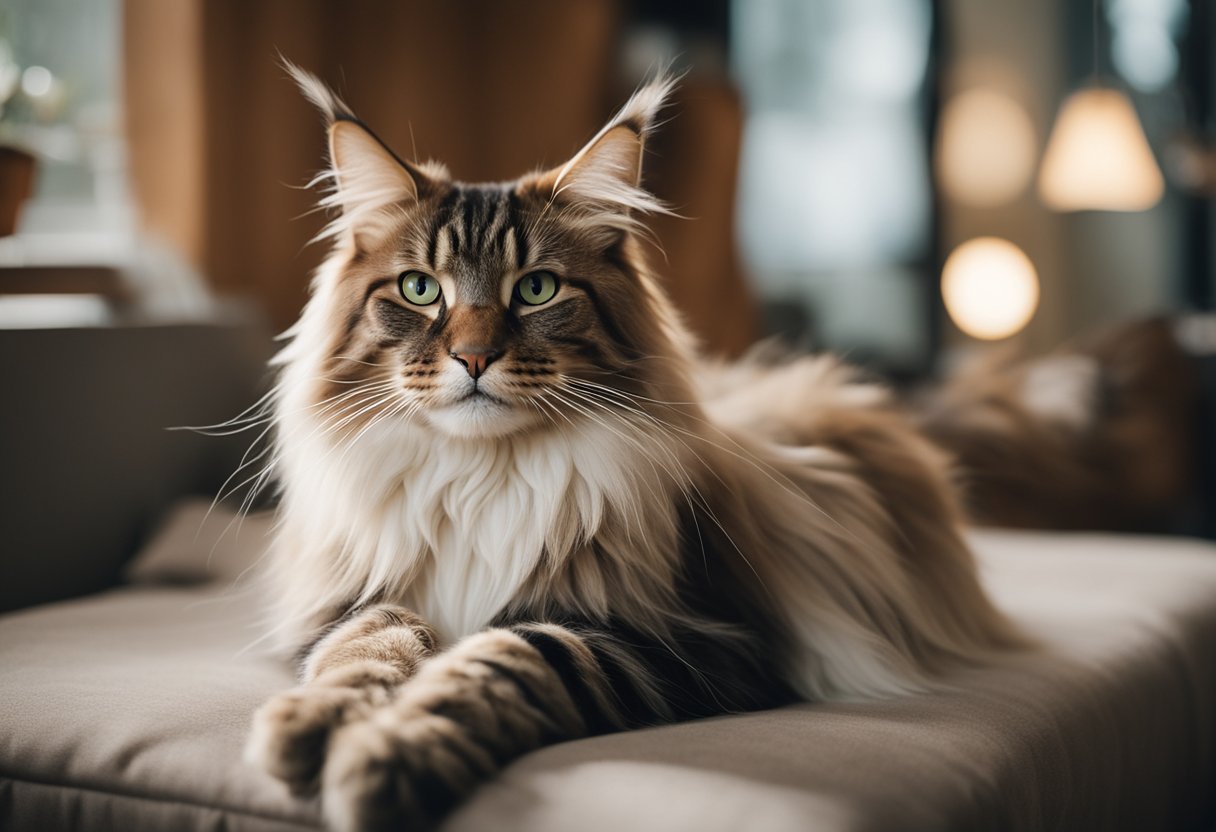 Un gato Maine Coon siendo acicalado y cepillado por un cuidador en una habitación acogedora y bien iluminada, con una cama suave y cómoda cerca.