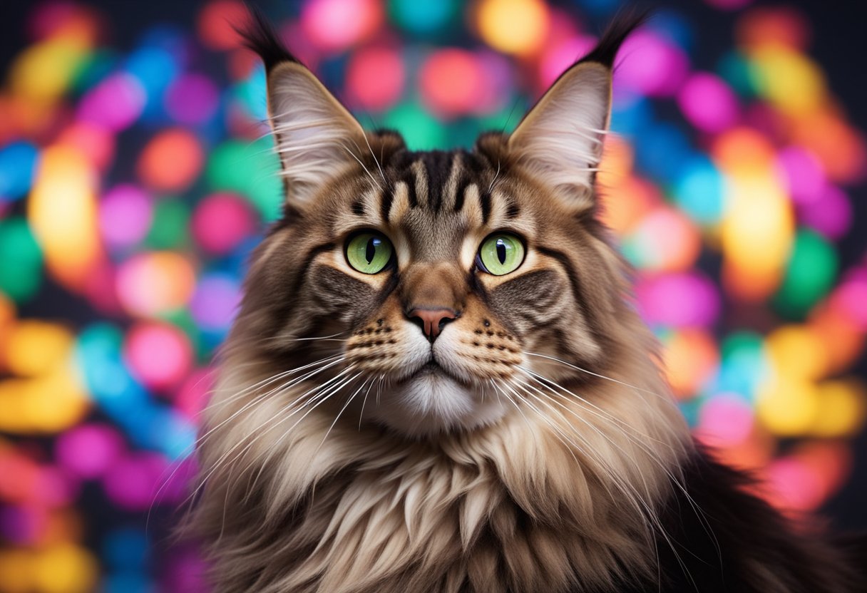 Un majestuoso gato Maine Coon se sienta orgullosamente frente a un fondo de coloridos símbolos genéticos, que representan la intersección de la salud y la genética.