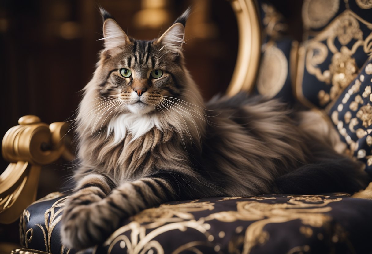 Un gato Maine Coon descansando regia y cómodamente en una silla tipo trono, rodeado de símbolos de realeza y fama.