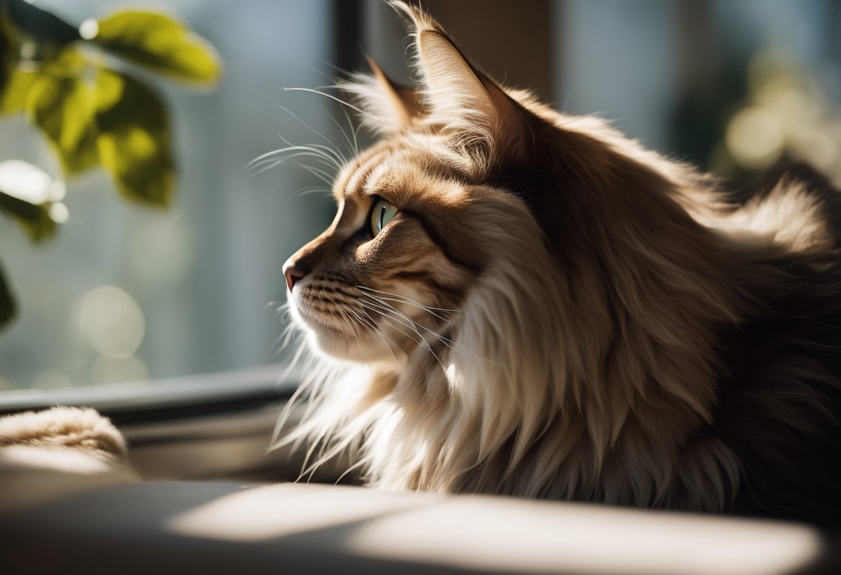 Un majestuoso gato Maine Coon, de gran tamaño, se relaja en una ventana iluminada por la sol, exhibiendo su lujoso pelaje y orejas con mechones.