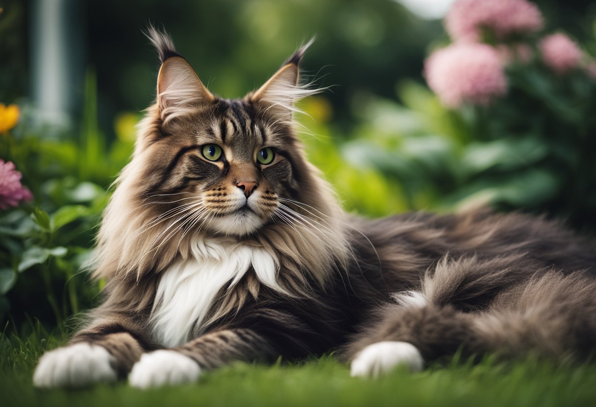 Un majestuoso gato Maine Coon, grande en tamaño, descansando en un exuberante jardín