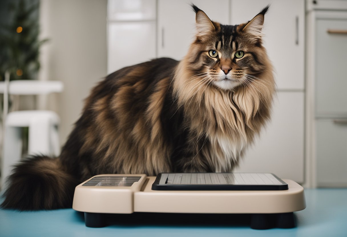 Un gran gato Maine Coon de pie junto a una balanza, con su tamaño y peso siendo medidos.