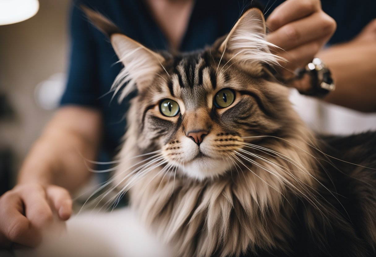 Un gato Maine Coon siendo acicalado y cuidado por una persona en un ambiente acogedor