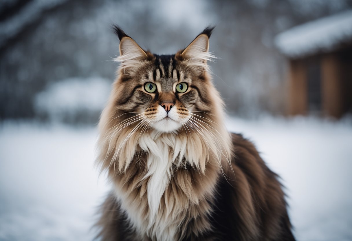 Un majestuoso gato Maine Coon de pie, con su grueso pelaje y orejas con mechones, exudando una sensación de elegante regalidad.