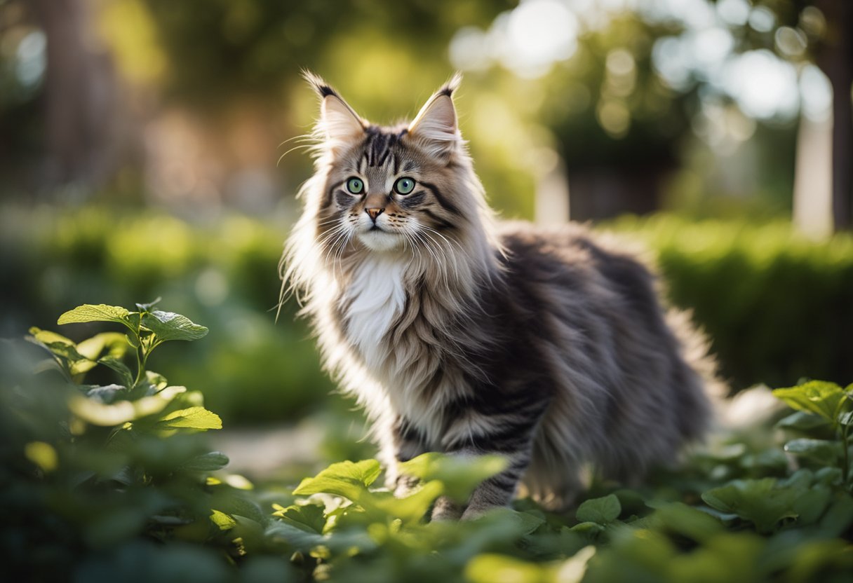 Un juguetón gatito Maine Coon explorando un jardín