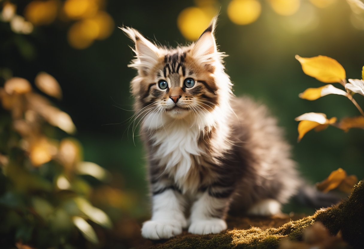 Un juguetón gatito Maine Coon explora un bosque, rodeado de altos árboles y colorido follaje.