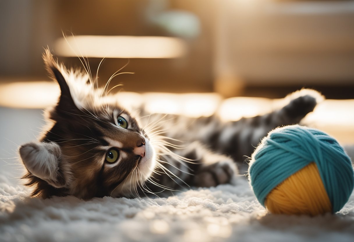 Un gato Maine Coon esponjoso con orejas con mechones y patas grandes jugando con una bola de hilo en una habitación iluminada por el sol.