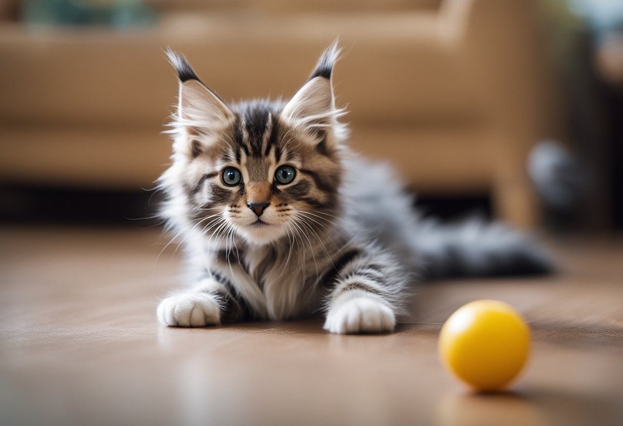 Un juguetón gatito Maine Coon saltando sobre un juguete, con una expresión curiosa y alerta