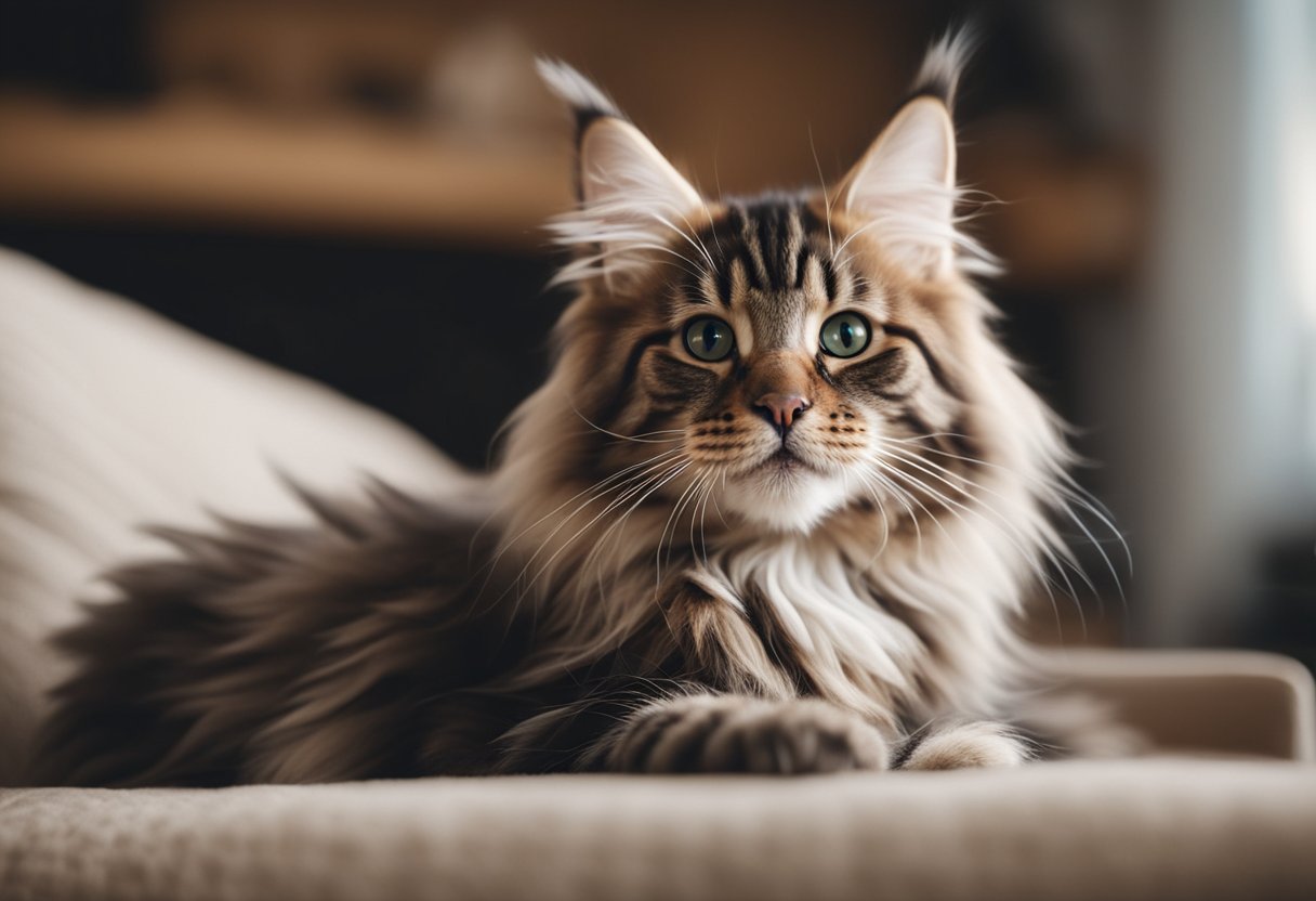 Un juguetón gatito Maine Coon recibiendo cuidado y atención de su dueño en un acogedor ambiente hogareño