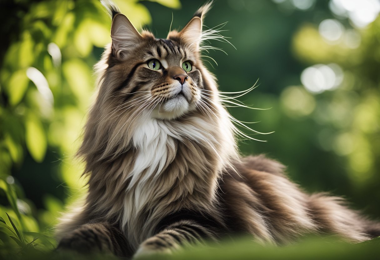 Un majestuoso gato Maine Coon sentado erguido y regio contra un fondo de exuberante follaje verde.