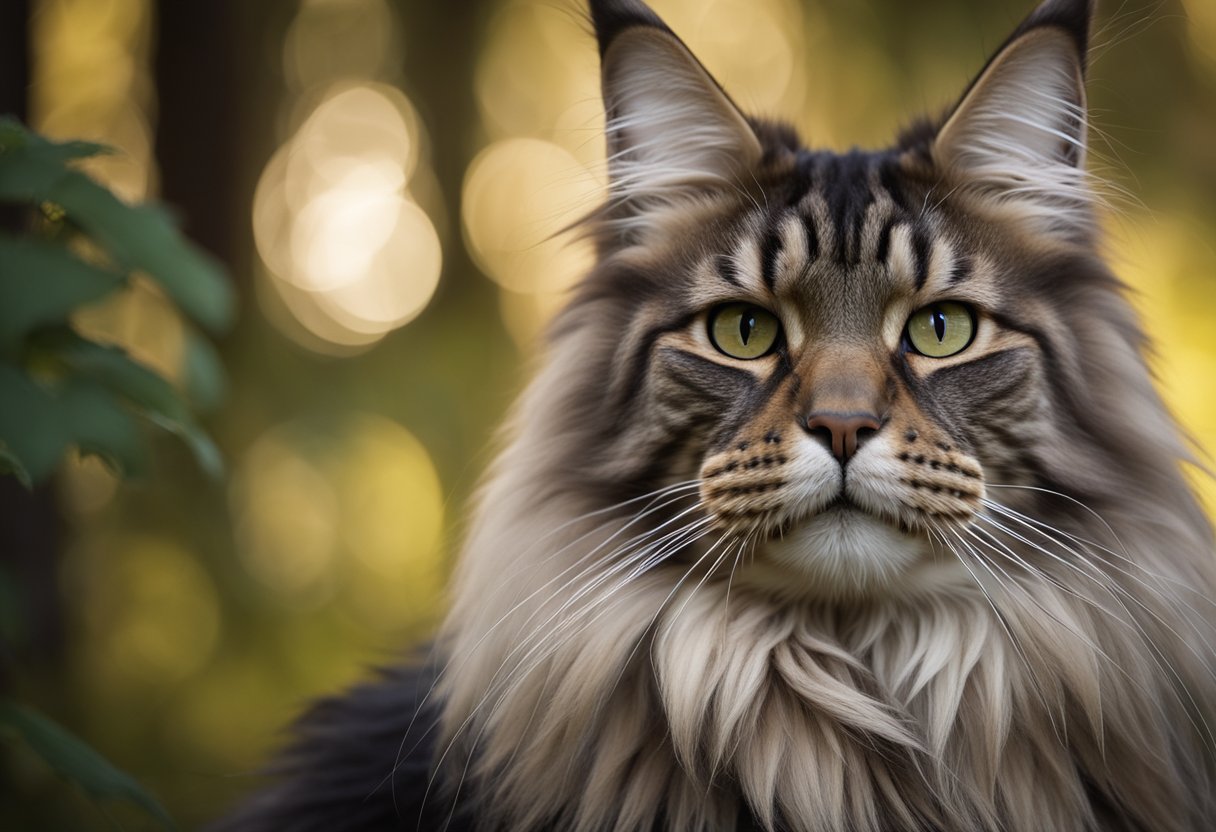 Un majestuoso Maine Coon se erige en un claro del bosque, con sus grandes orejas con mechones levantadas mientras observa su entorno con un aire regio.