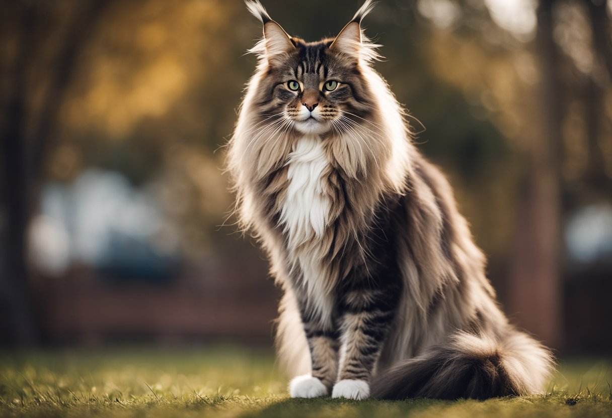 Un gato Maine Coon de pie, con un cuerpo largo y musculoso y una cola gruesa y peluda, luciendo regio y majestuoso.