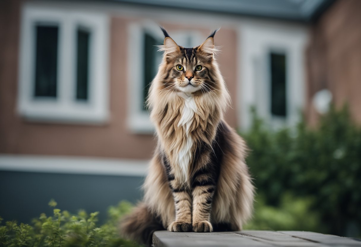 Un gato Maine Coon de pie, alto y regio, con una actitud confiada y majestuosa.