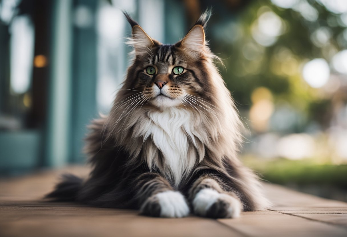 Un majestuoso gato Maine Coon se erige con gracia, su vibrante pelaje fluye mientras irradia un aire de elegancia y fuerza.