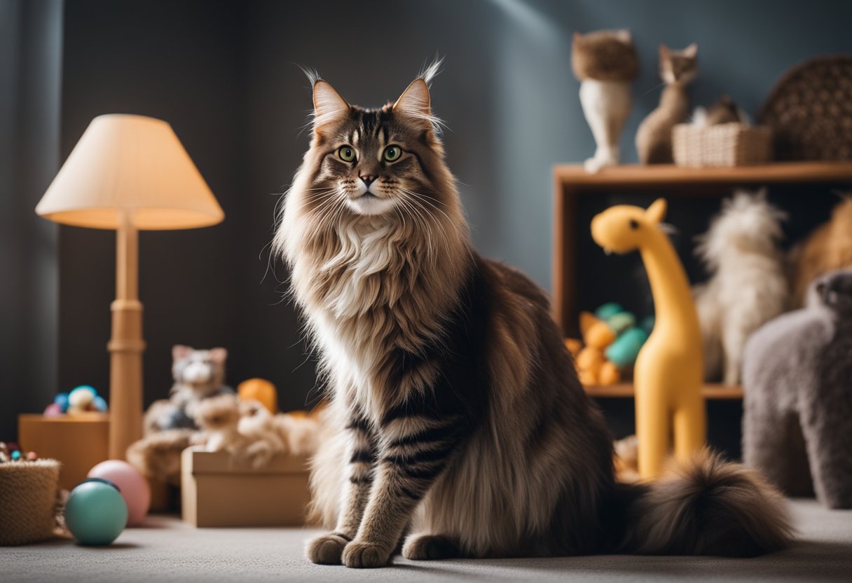 Un gato Maine Coon de pie, con una presencia regia y majestuosa, rodeado de juguetes, un rascador y una cama acogedora.