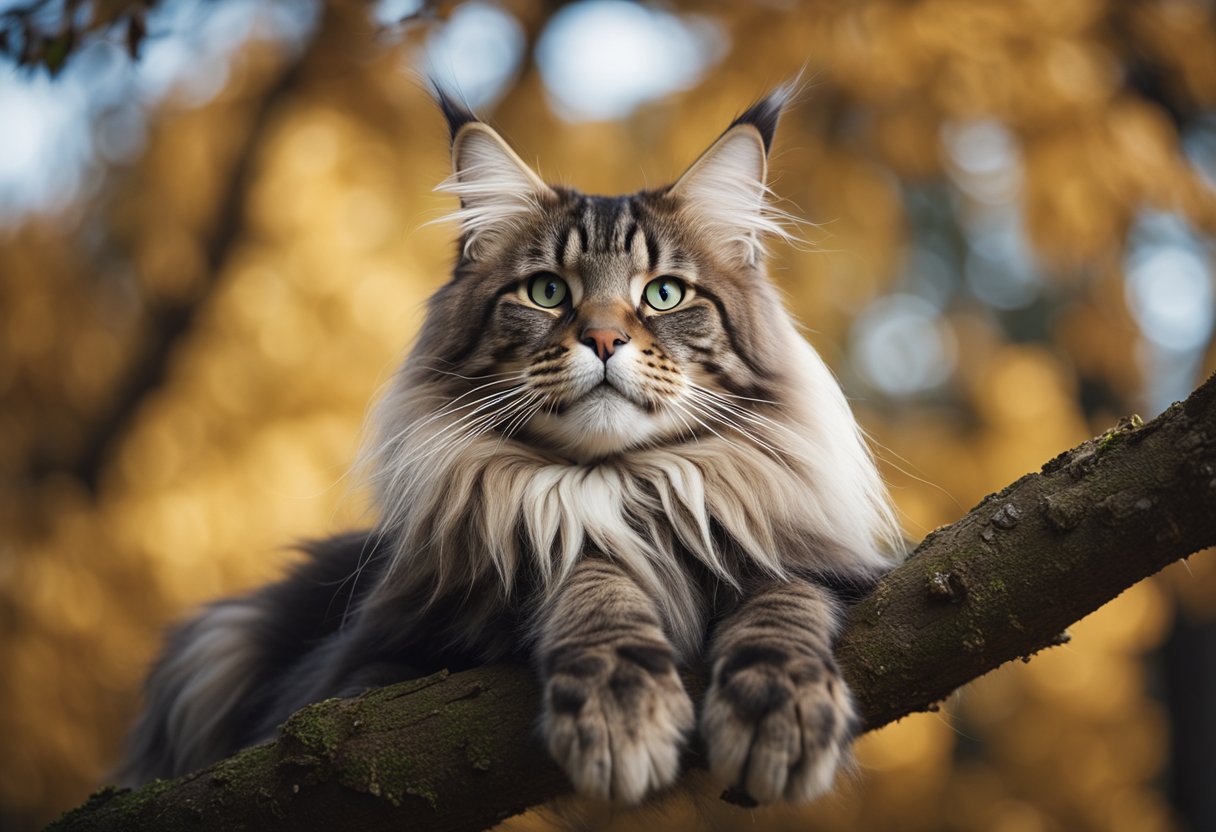 Un gato Maine Coon se relaja en un árbol alto, mirando desde una rama con una postura regia.