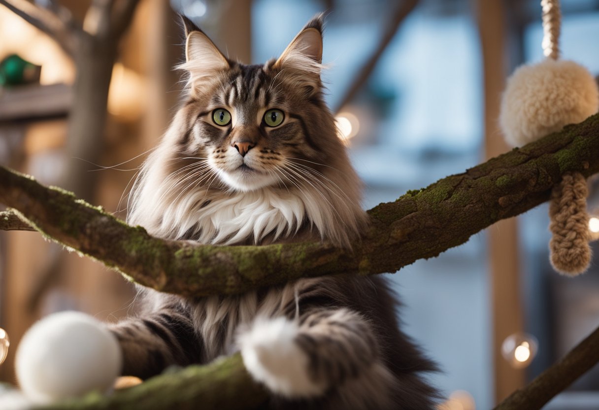 Un gato Maine Coon posado en un árbol grande y robusto con múltiples plataformas y postes para rascar, rodeado de juguetes y acogedores lugares para descansar.