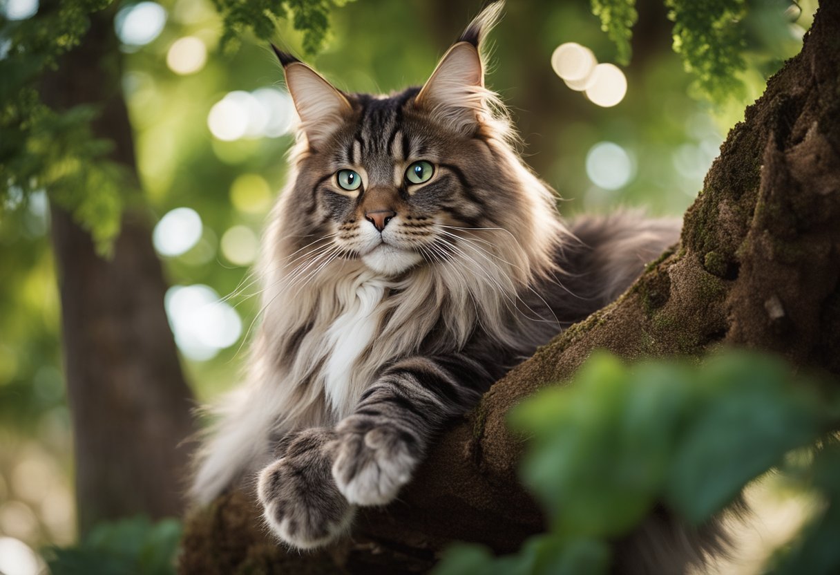 Un gato Maine Coon se relaja en un árbol robusto y alto con múltiples plataformas, postes rascadores y juguetes colgantes. El árbol está cubierto de tela suave y rodeado de vegetación.