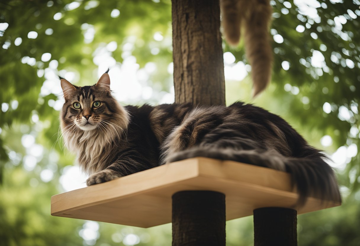 Un árbol para gatos alto y robusto con múltiples plataformas y postes para rascar, rodeado de árboles frondosos y llenos de hojas, con un majestuoso Maine Coon descansando en la percha más alta.