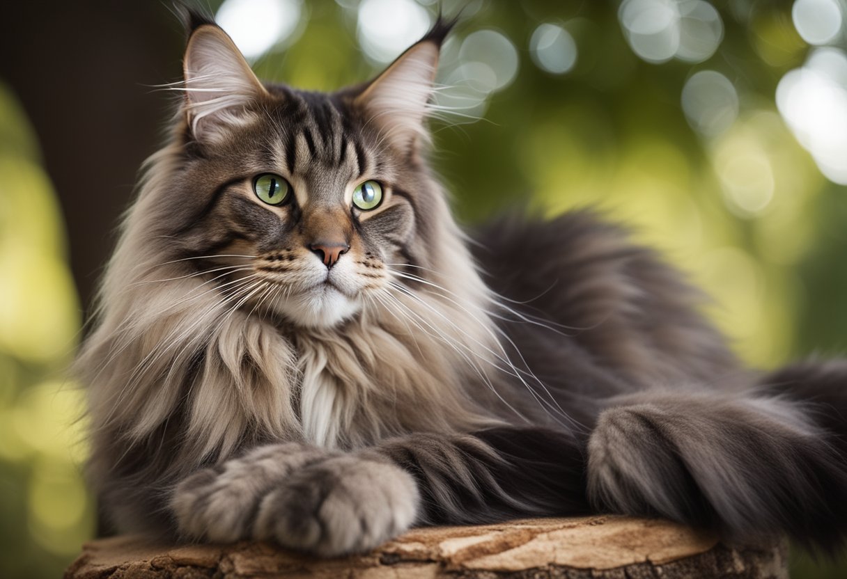 Un gato Maine Coon se relaja en un árbol resistente, un rascador y múltiples plataformas, rodeado de juguetes colgantes y acurrucado en una tela suave.