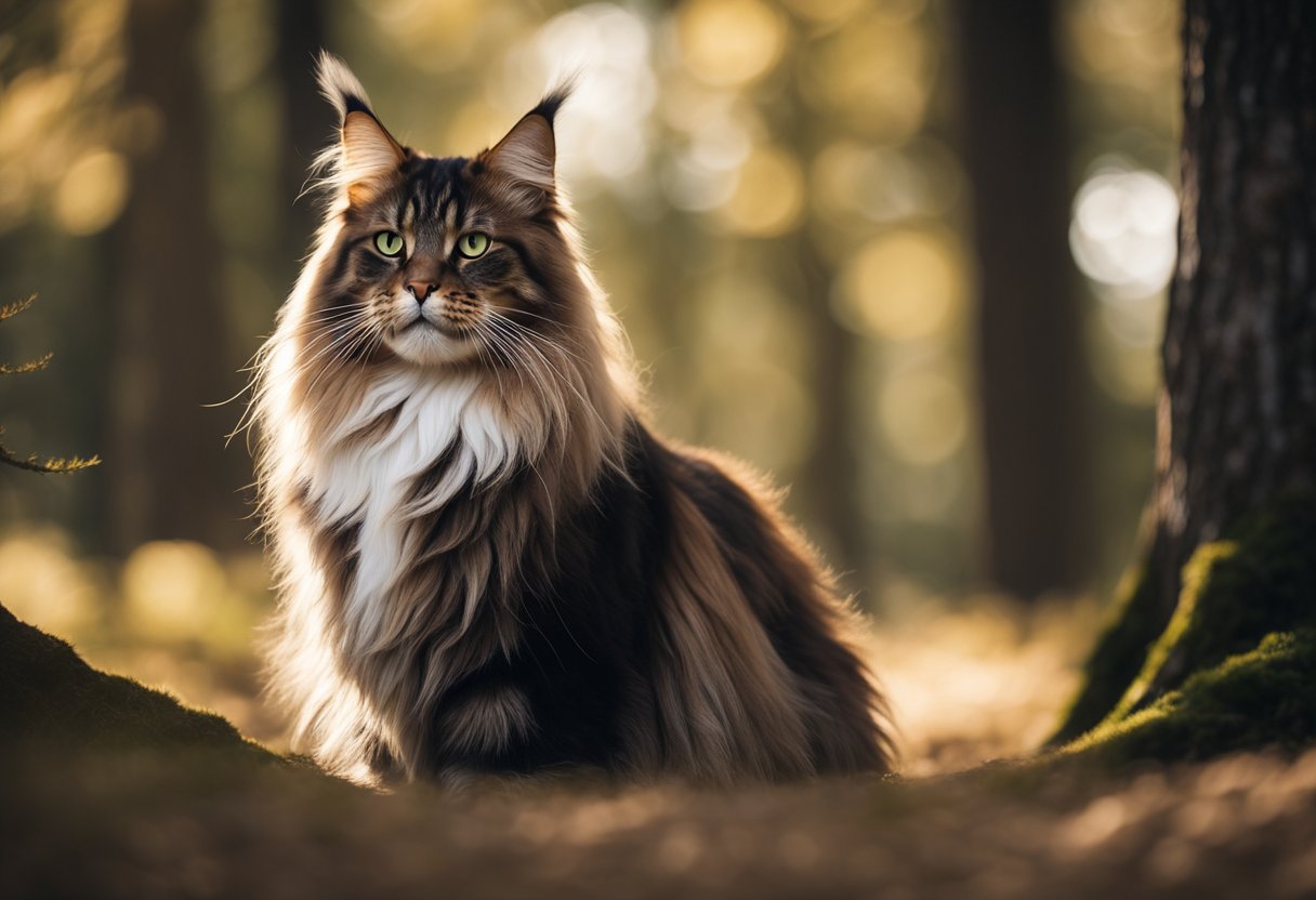 Un majestuoso gato Maine Coon con un pelaje largo y fluido en varias tonalidades de marrón, negro y blanco, de pie orgullosamente en un claro del bosque iluminado por el sol.