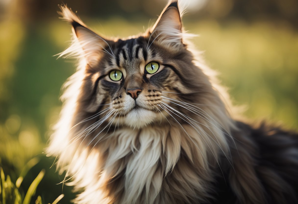 Un gato Maine Coon con varios colores y patrones de pelaje, de pie en un campo de hierba bajo la luz del sol