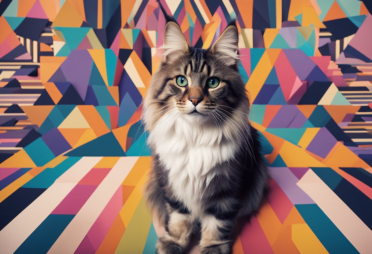 Un gato Maine Coon con patrones y colores básicos, sentado sobre una alfombra colorida rodeado de formas geométricas.