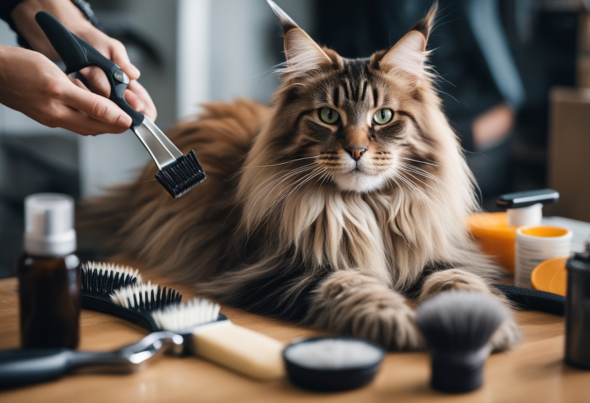 Un gato Maine Coon siendo cepillado y acicalado suavemente por su dueño, rodeado de varias herramientas y productos de cuidado.