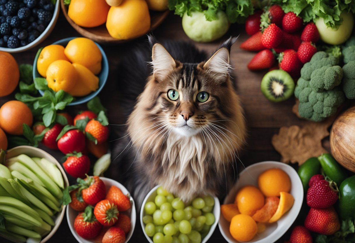 Un gato Maine Coon con un pelaje vibrante está rodeado de cuencos de frutas y verduras coloridas.