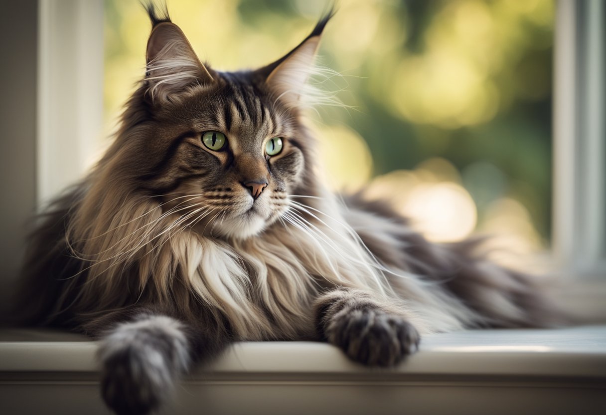 Un majestuoso gato Maine Coon americano descansando en una ventana iluminada por el sol, con sus largas orejas con mechones erguidas y su cola esponjosa envuelta alrededor de sus patas.