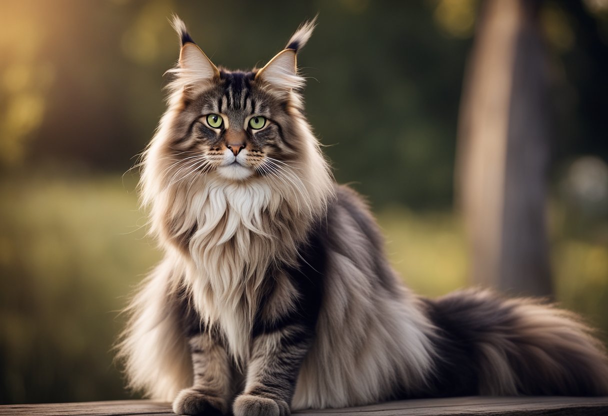 Un majestuoso gato Maine Coon con orejas con mechones y una cola larga y espesa, de pie orgullosamente contra un fondo de un paisaje rústico americano.