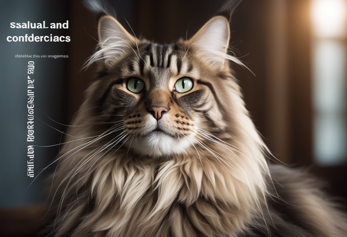 Un majestuoso gato Maine Coon americano se sienta orgullosamente, con un fondo de símbolos genéticos y las palabras "Salud y Consideraciones Genéticas" en letras en negrita.