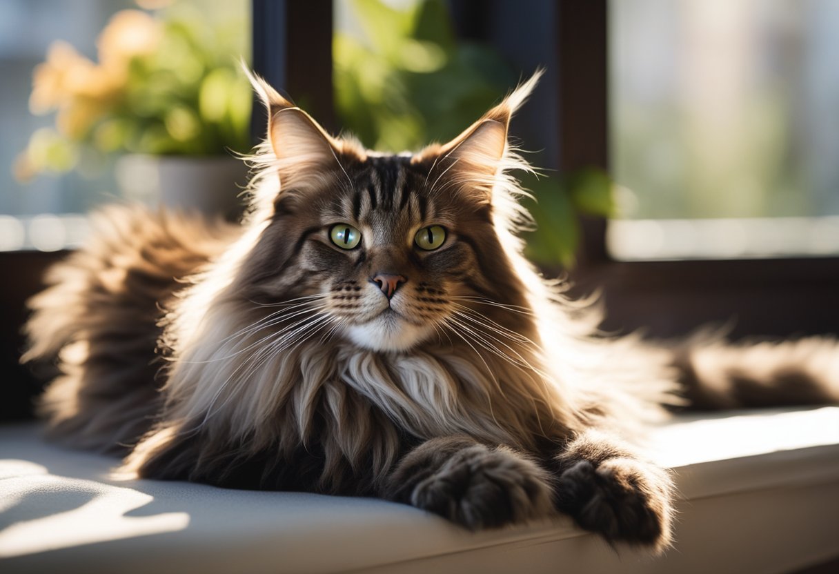 Un majestuoso gato Maine Coon americano descansando en una ventana iluminada por el sol, con una actitud confiada y regia.