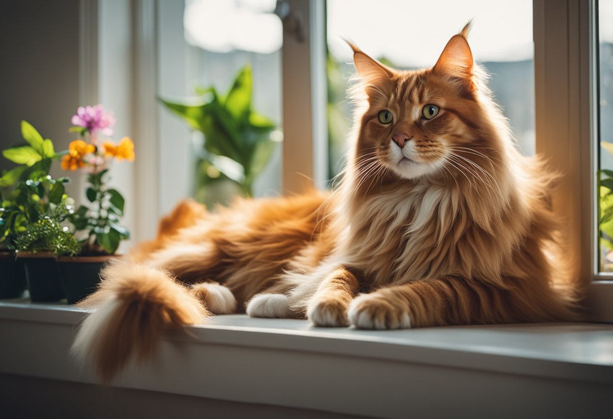 Un gato Maine Coon naranja se relaja en un alféizar iluminado por el sol, rodeado de plantas en macetas y una colorida variedad de juguetes.